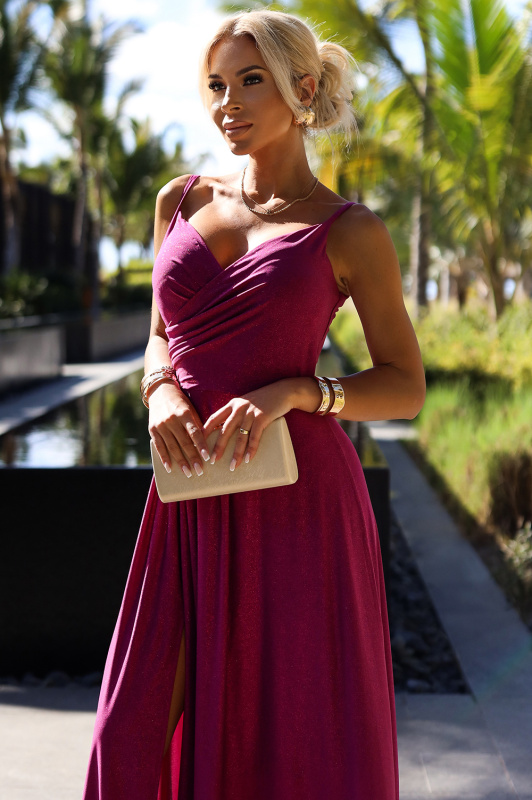 299-19 CHIARA elegantní maxi dlouhé šaty bez ramínek - FUKSY S BROKEREM XXL