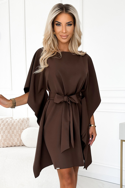 287-33 SOFIA Motýlí šaty se zavazováním v pase - CHOCOLATE S/M