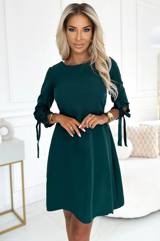 195-11 ALICE Trapézové šaty s mašlemi - BOTTLE GREEN XXL