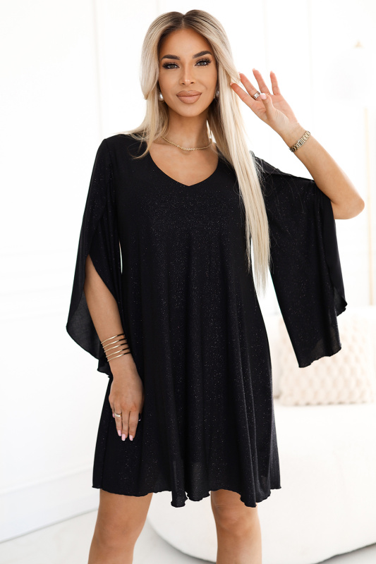 597-1 LIVIA Elegantní trapézové šaty s motýlími rukávy - černé s brokátem L/XL