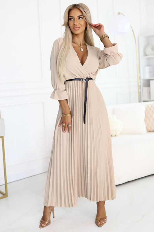 462-5 SERENA Plisované maxi šaty s výstřihem, páskem a 3/4 rukávy - DARK BEACH UNI