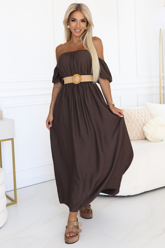 614-1 Maxi šaty v boho stylu s odhalenými rameny a páskem - CHOCOLATE UNI