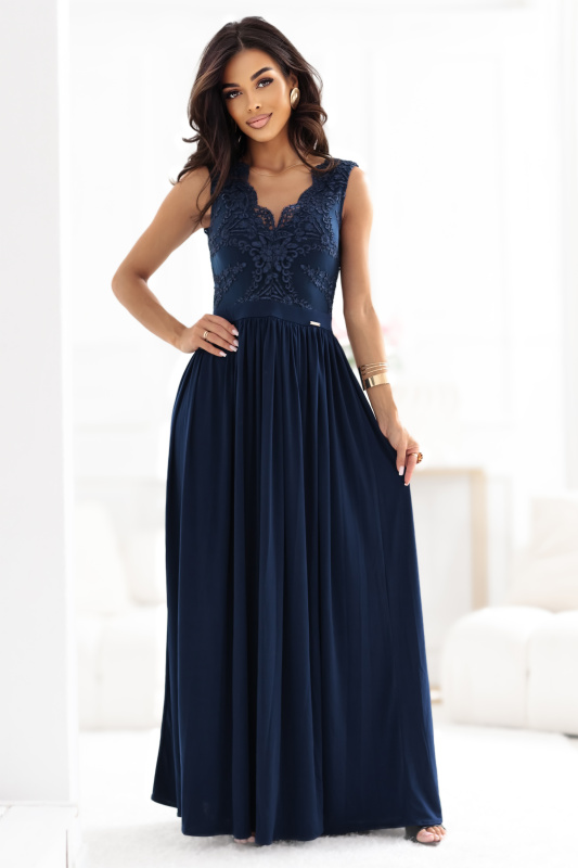 Numoco LEA Dlouhé elegantní maxi šaty s krajkovým vrškem a rozparkem na nohavici - tmavě modré 215-6 Barva: Modrá, Velikost: XL