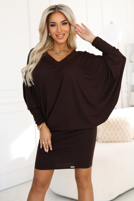 Numoco Pohodlné netopýří šaty s dlouhým rukávem - čokoládové 402-9 Barva: Hnědá, Velikost: 2XL/3XL
