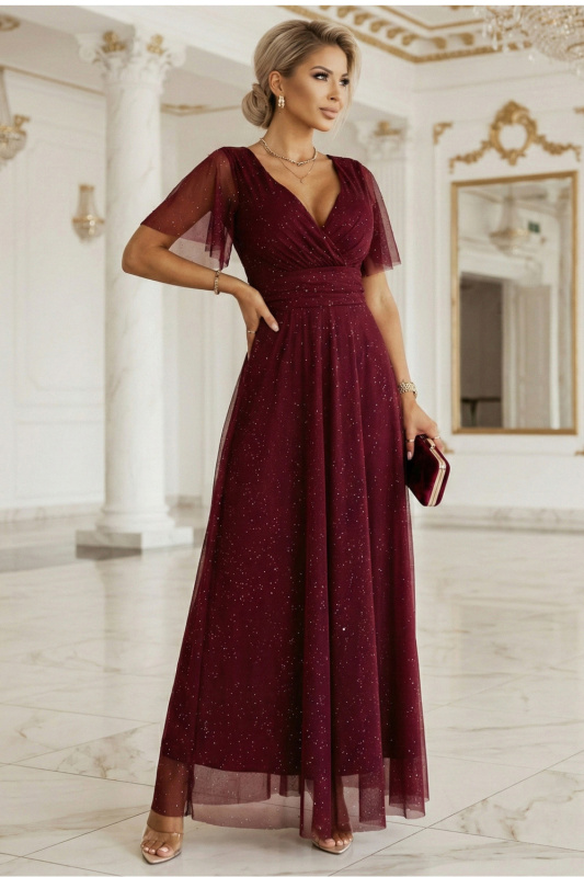 Numoco basic MELANIA dlouhé, lesklé šaty s výstřihem a krátkými rukávy - vínové 635-5 Barva: Brokát Maroon, Velikost: UNI