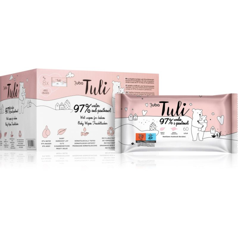LUBA Tuli BIG PACK dětské vlhčené ubrousky s 97 % vody a panthenolem, 8x60 ks