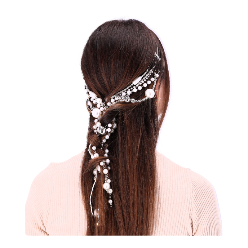 Ozdobná čelenka do vlasů se stříbrnými perlami na řetízku