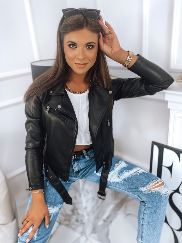 Černý dámský koženkový křivák bunda Dstreet TY2876 Barva: Černá, Velikost: L