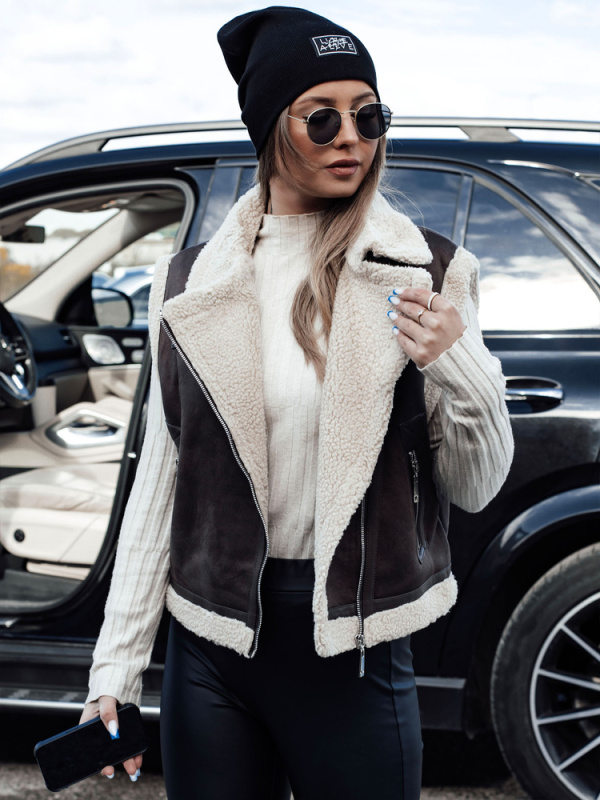 Dámská semišová vesta s kožíškem WOOLZIP kávová Dstreet TY4746 S