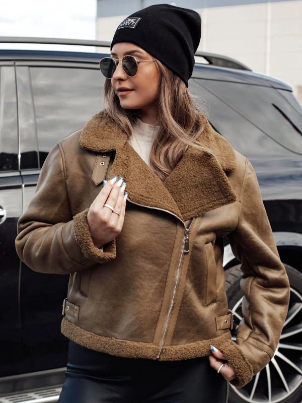 Dámská bunda SOFTSTILL semišová s kožíškem v barvě camel Dstreet TY4747 Velikost: L