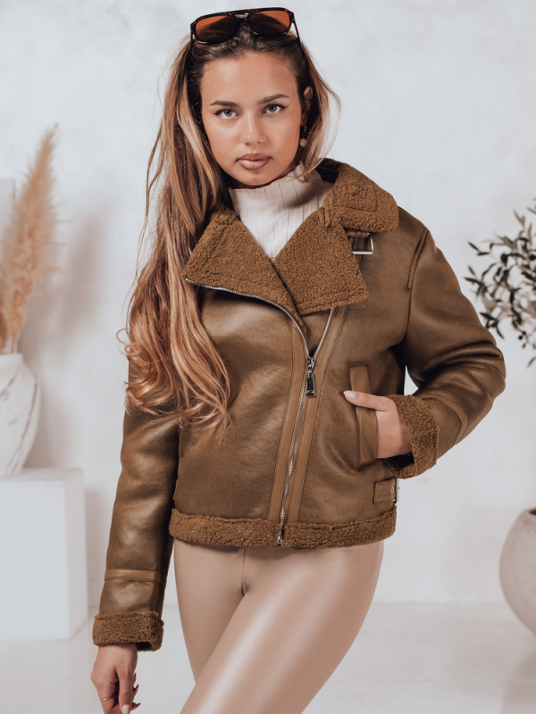 Dámská bunda SOFTSTILL semišová s kožíškem v barvě camel Dstreet TY4747 Velikost: L