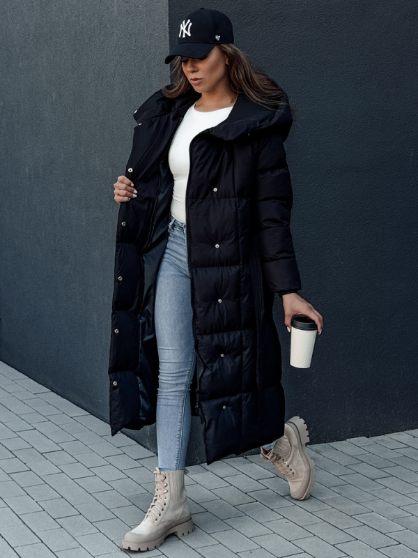 Dstreet Dámská dlouhá bunda/kabát s kapucí CLOUTIQUE TY4370 Barva: Černá, Velikost: S