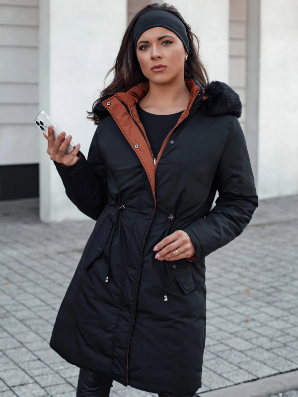 Dámská zimní bunda TRENDNEL dlouhá prošívaná s kožešinou černá Dstreet TY4587 L