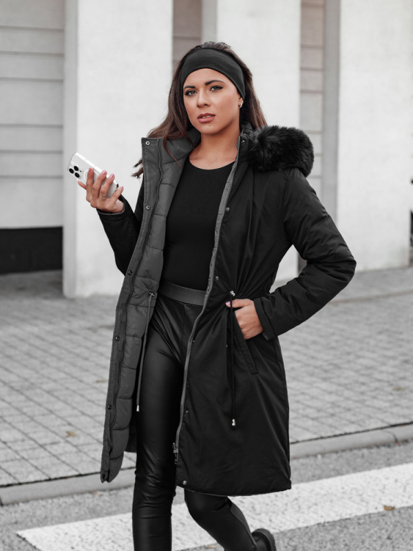 Dámská zimní bunda TRENDNEL dlouhá prošívaná s kožešinou černá Dstreet TY4587 L