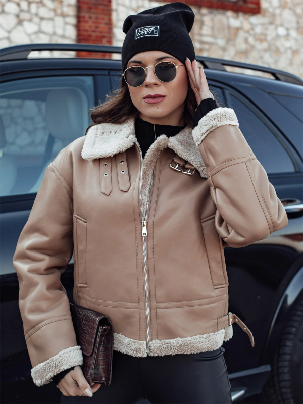 Dámská bunda SHEREB kožená s kožíškem khaki Dstreet TY4757 XL