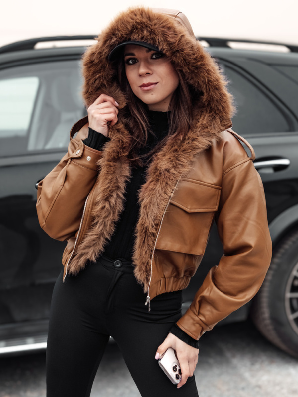 Dámská kožená bunda s kožešinou SOFTREBEL hnědá Dstreet TY4761 L / XL