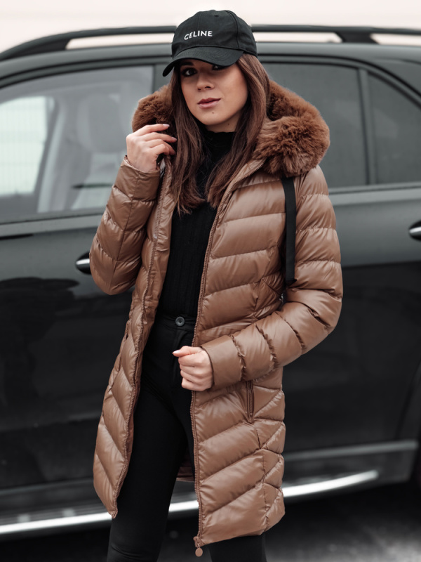 Dámská zimní prošívaná bunda s kapucí CRYSTAL hnědá Dstreet TY4774 L