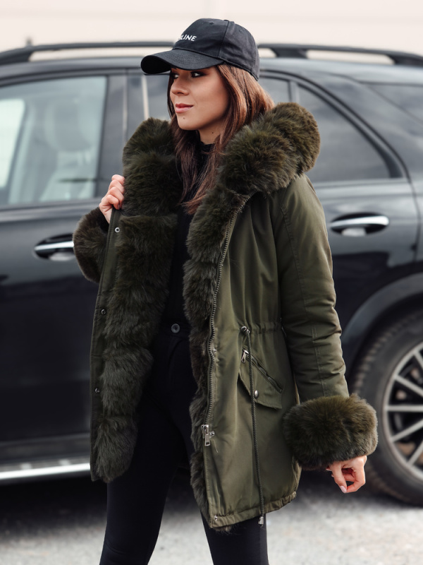 Dámská parka bunda s kožešinou CHARMFUR zelená Dstreet TY4768 XL
