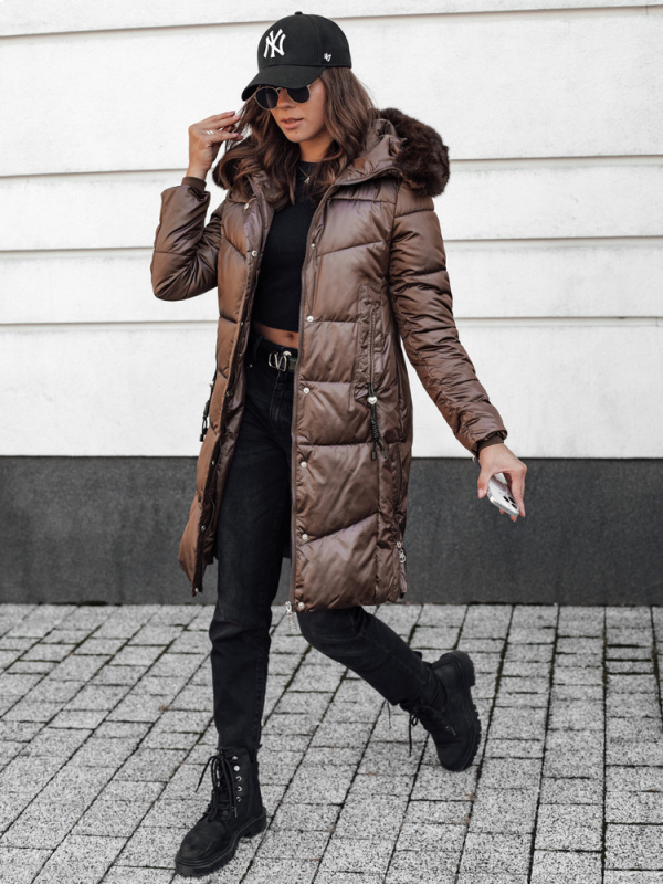 Dámská zimní bunda ULTRAWAY prošívaná s kapucí kávová Dstreet TY4627 Velikost: XL