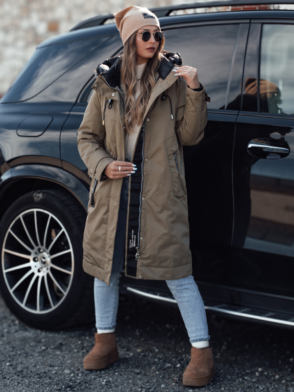 Dámská dlouhá bunda s kapucí ELEGANTI Dstreet TY4657 Barva: Béžová, Velikost: S