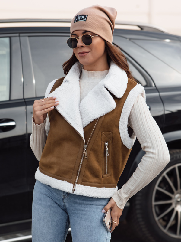 Dámská semišová vesta s kožíškem WOOLZIP v barvě camel Dstreet TY4741 M