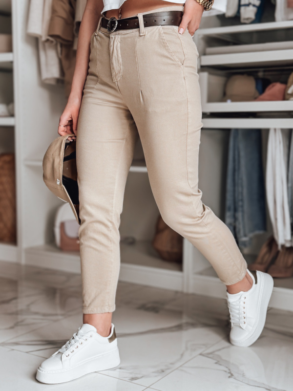 Dámské kalhoty slim fit s páskem TAIRONIK Dstreet UY2538 Barva: Béžová, Velikost: L