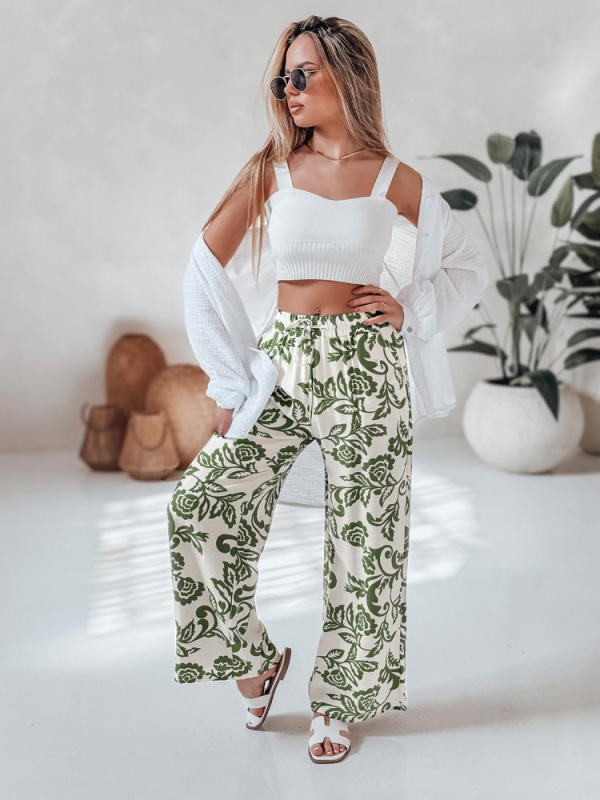 Dámské široké kalhoty wide leg s květy LOVEGARDEN Dstreet UY2656 Barva: Zelená - světle, Velikost: XL
