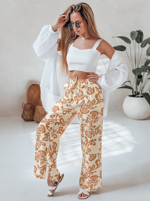 Dámské široké kalhoty wide leg s květy LOVEGARDEN Dstreet UY2656 Barva: Hnědá, Velikost: M