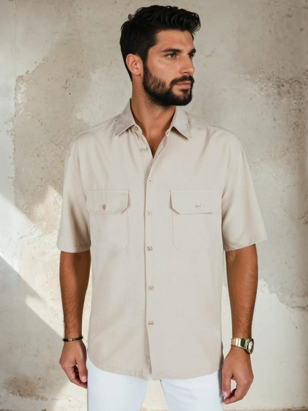 Pánská košile s krátkým rukávem Dstreet KX1080 Barva: Béžová, Velikost: S