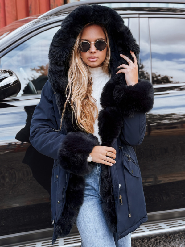 Dámská bunda s kapucí a kožíškem CHARMFUR Dstreet TY4768 Barva: Modrá, Velikost: XL