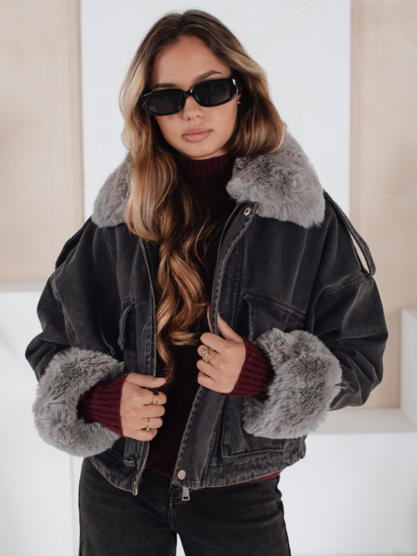 Dámská bunda s kožíškem Dstreet TY5154 Barva: Šedá - tmavě, Velikost: S