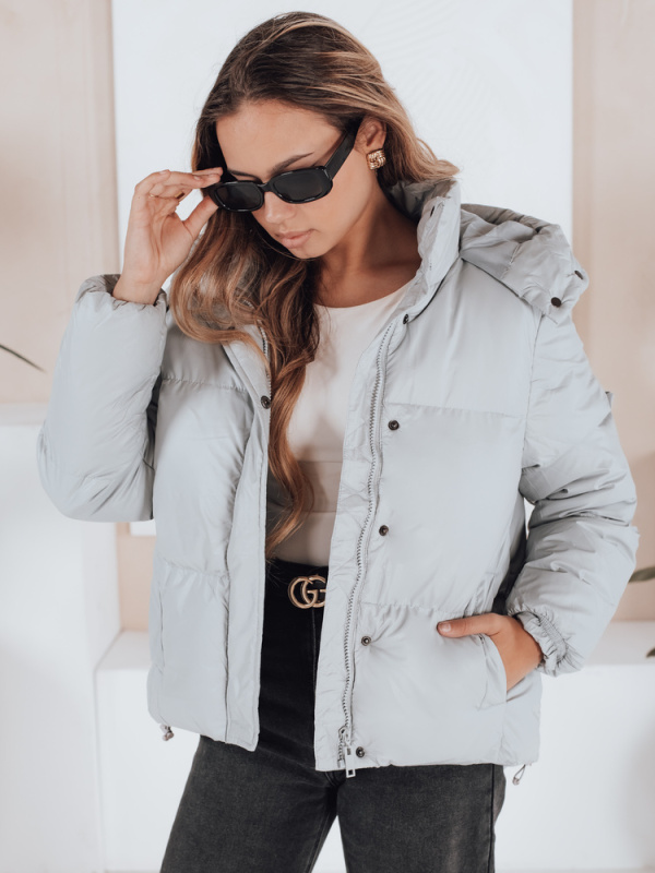 Dámská koženová bunda COLLAR Barva béžová DSTREET TY3763 Barva: Šedá - světle, Velikost: L