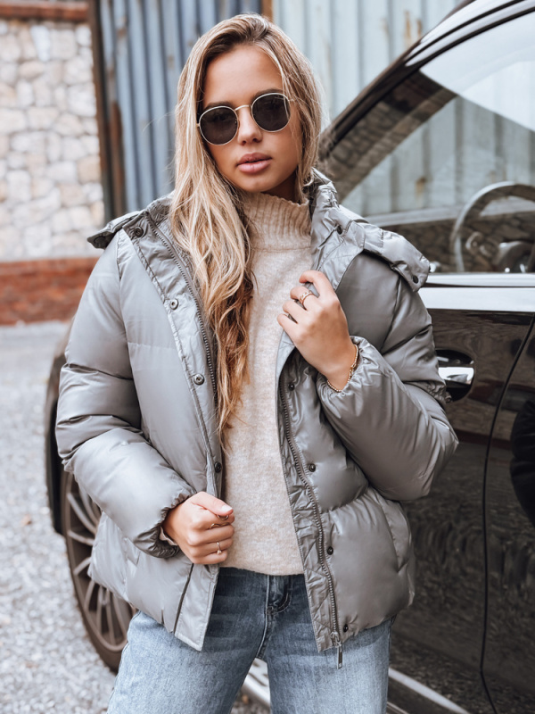 Dámská koženová bunda COLLAR Barva béžová DSTREET TY3763 Barva: Šedá - tmavě, Velikost: S