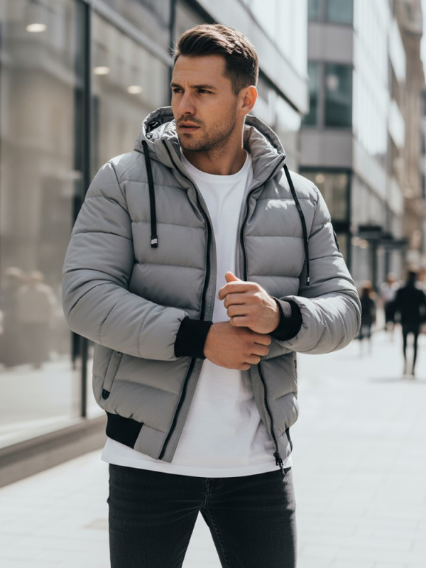 Pánská zimní prošívaná bunda s kapucí Dstreet TX5093 Barva: Šedá - světle, Velikost: XL