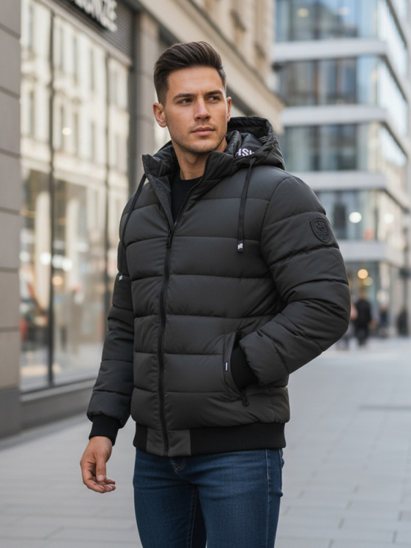 Pánská zimní prošívaná bunda s kapucí Dstreet TX5093 Barva: Šedá - tmavě, Velikost: L