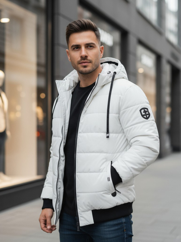 Pánská zimní prošívaná bunda s kapucí Dstreet TX5093 Barva: Bílá, Velikost: XL