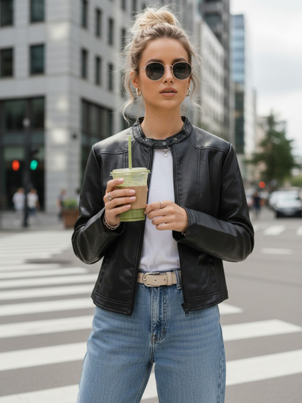 Dámská kožená bunda se stojáčkem černá FashionStreet TY5568 L