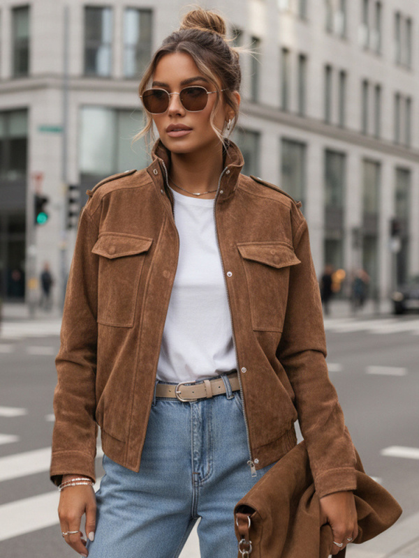Dámská semišová bunda bomber světle hnědá FashionStreet TY5644 L