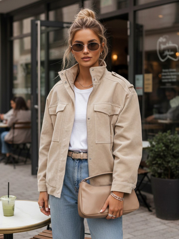 Dámská semišová bunda bomber béžová FashionStreet TY5653 XL