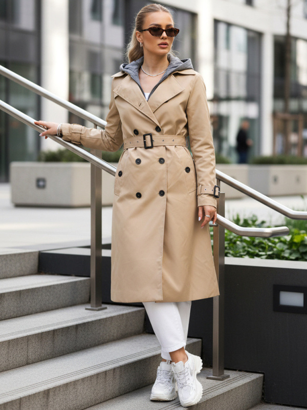 Dámský dvouřadový trenčkot s kapucí FashionStreet camel TY5656 M