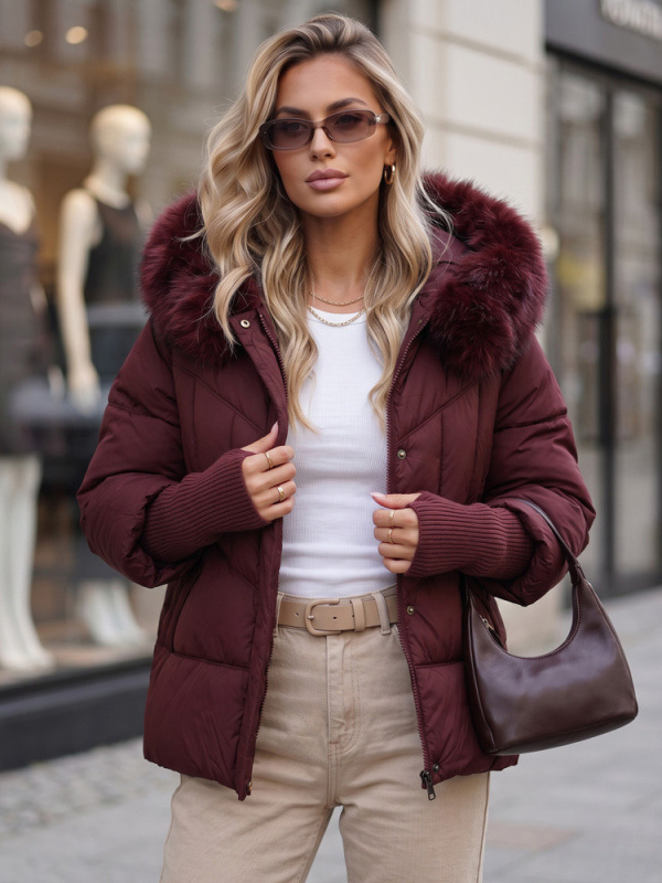 Dámská zimní prošívaná bunda s kožešinou, bordová, FashionStreet TY5742 L