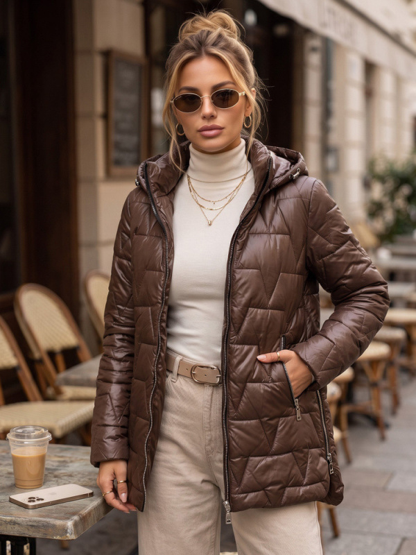 Dámská prošívaná bunda s odnímatelnou kapucí, hnědá, FashionStreet TY5796 S