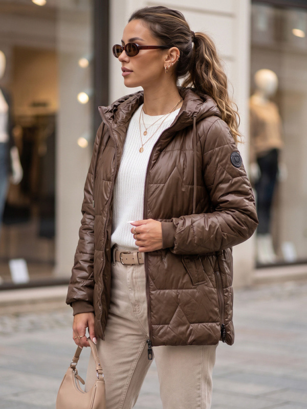 Dámská prošívaná přechodová bunda s kapucí, hnědá, FashionStreet TY5800 XL