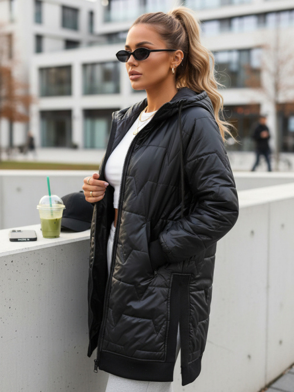 Dlouhá dámská prošívaná bunda s kapucí, černá, FashionStreet TY5809 S