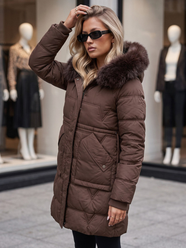 Dámská zimní prošívaná bunda s kapucí, hnědá, FashionStreet TY5825 XL
