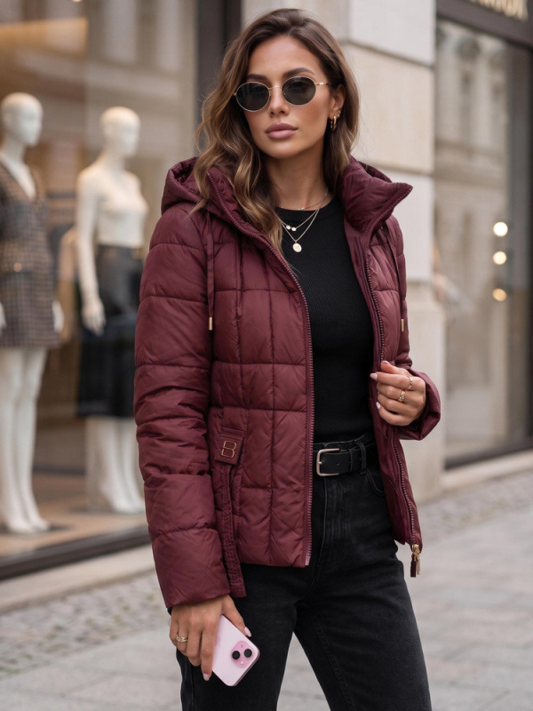 Dámská prošívaná bunda s kapucí, vínová, FashionStreet TY5859 XL