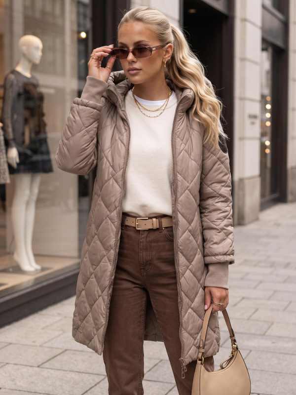 Dlouhá dámská prošívaná přechodová bunda, béžová, FashionStreet TY5866 L