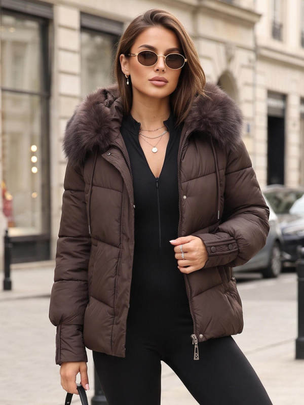 Dámská prošívaná bunda s kožešinovou kapucí, švestková, FashionStreet TY5891 L