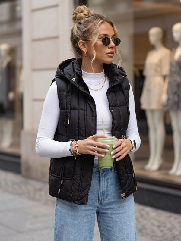 Dámská prošívaná vesta s kapucí, černá, FashionStreet TY5973 L