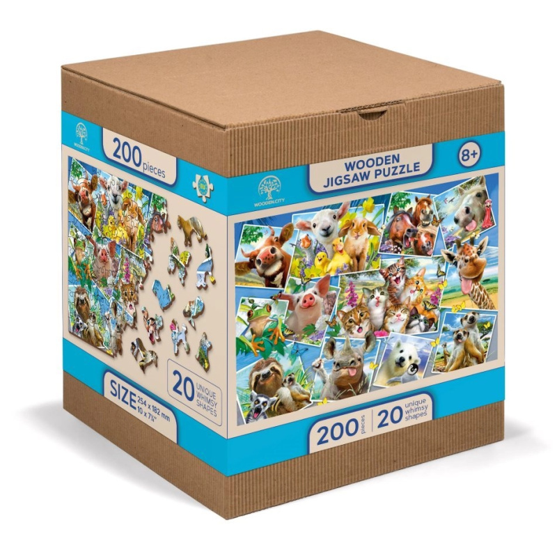 Dřevěné puzzle s figurkami - pohlednice se zvířaty